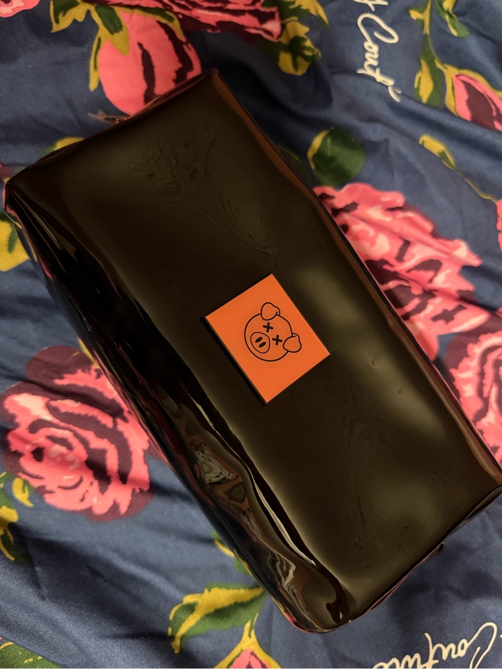 Black Patent Cosmetic Pouch with Orange Pig Logo